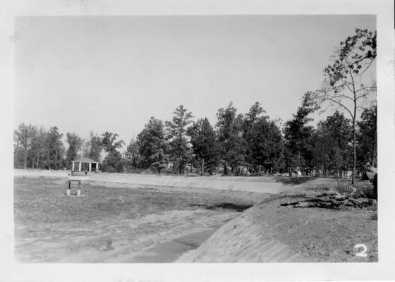 New lake at Noble Park. Note riprapping on banks, 1940
