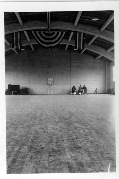 Drill Hall of Harrodsburg Armory being decorated for President's Birthday Ball, 1942