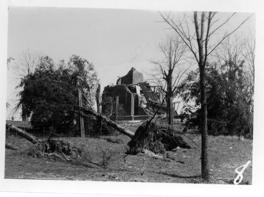 Church and trees damaged by tornado, March 16, 1942
