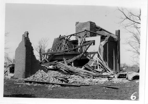 Brick church extensively damaged by tornado, March 16, 1942