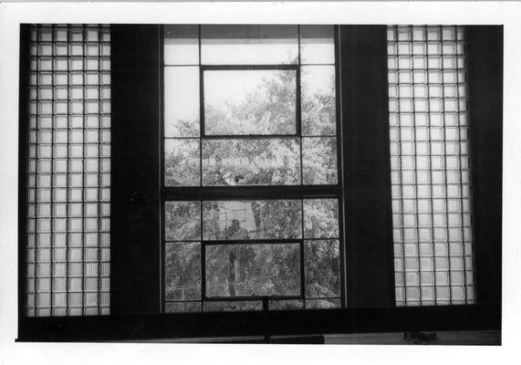 Looking out of New Courthouse window in Hartford, KY. Note glass brick