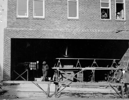 Project #523 District 1: Re-modeling and improving existing fire station in Madisonville, KY. Extensive renovations in progress at fire station building. Photographed January 14, 1936