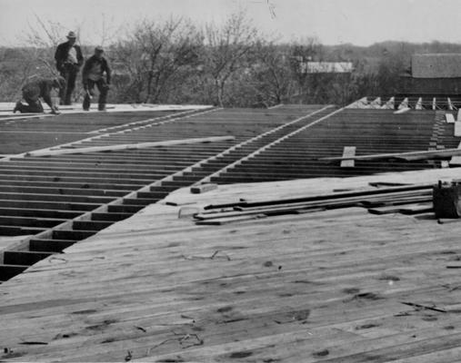 Project #789 District 2: Laying flooring of the new consolidated graded and high school building at Gamaliel, KY. The building containing eight classrooms will be of brick construction and 200 feet by 69 feet in dimension. Brick was manufactured on WPA Project #20 at Gamaliel. Photographed April 4, 1936