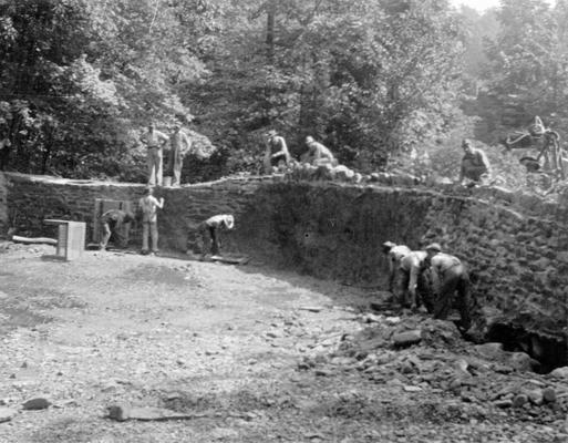 Project #827 District 4: Girls Recreational Center, Harlan County. Construction of a County Recreation Center for Girls at Wallins, KY. View, photographed July 21, 1936, shows work in progress on upper pool, from whence water is piped to fill the main swimming pool