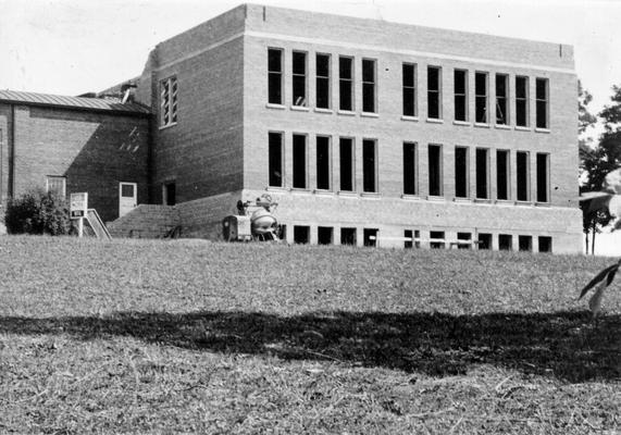Project #1940 District 2: Project #1940 is the construction of a building containing a gymnasium, four classrooms and a basement in the City of Columbia, KY. Exterior of the Columbia gymnasium building nearing completion. View photographed August 3, 1936