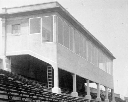 Project #1078 District 3: Improvements to the University of Kentucky Stadium, Lexington, KY, have been accomplished through Project #1078. They included the construction of a new reinforced concrete press box and the building of a one-quarter mile cinder track. Completed press box at the University of Kentucky stadium. View photographed August 7, 1936