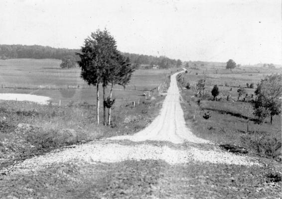 Project #521 District 6: Project #521 provides for the grading, draining and surfacing the Ridge Spring Road in Hardin County. Ridge Spring Road, showing crushed limestone surface. View photographed September 25, 1936