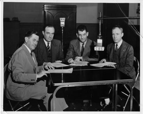 WPA National Defense Broadcast over Columbia Broadcasting System, from Radio Station WJSV in Washington, D.C., 9:15 to 9:30 p.m. EST, August 28, 1940. (Left to right): F.H. Dryden, Regional Director #3, Baltimore, Maryland; H.E. Smith, Regional Director #9, San Francisco, California; Howard O. Hunter, Deputy Commissioner, Washington, D.C.; and Judge Robert P. Patterson, Assistant Secretary of War, Washington, D.C