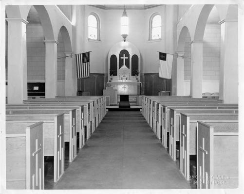 Interior of Post Chapel renovated by the WPA and used by both Protestant and Catholic services on the post