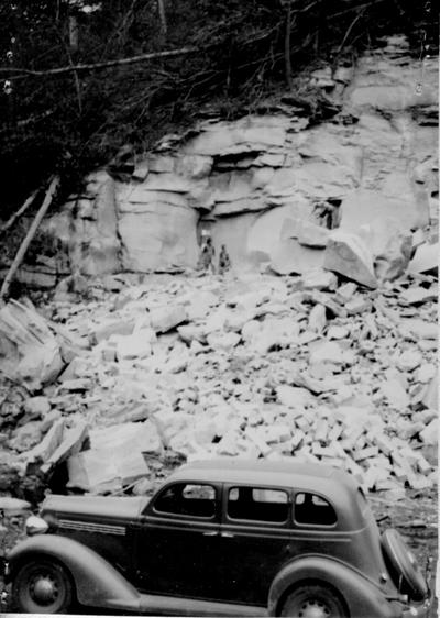 Project #32 District 5: Construction of Yellow Creek School building, Sassafras, KY, one quarter mile up Yellow Creek from Sassafras Post Office. This project, a twelve-room building, is being constructed of native stone, quarried in Knott County. View of quarry from which native stone is obtained