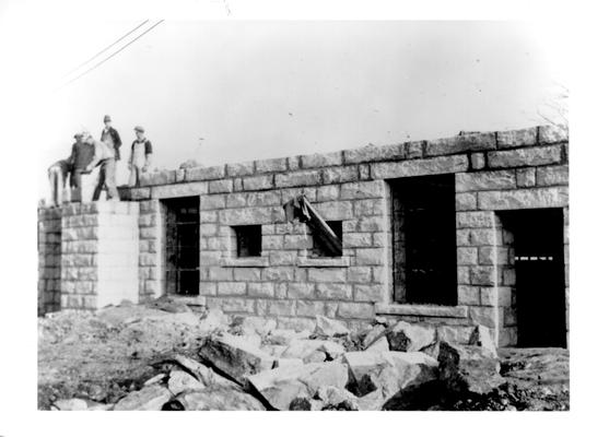 Project #79 District 5: Construction of an elementary school building at Shelbiana, KY, to be built of native sandstone, quarried near the site. Building will be two stories high and contain eight rooms. This project is typical of the many school buildings in eastern Kentucky being constructed of native sandstone. Photographed December 10, 1935