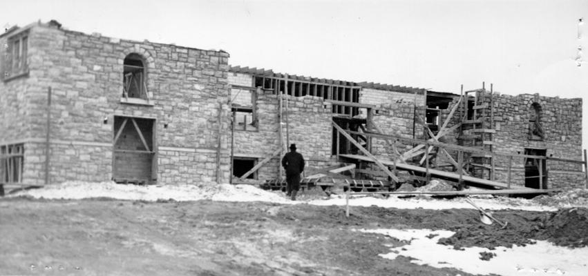 Project #177 District 3: Construction of a native stone county consolidated school building in Fayette County on Briar Hill Road, eight miles east of Lexington. Building will contain six rooms and an auditorium. Photographed February 6, 1936