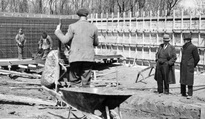 Project #1269 District 1: Close-up view of a part of the public swimming pool and clubhouse project in Atkinson Park in the City of Henderson, KY, showing reinforcing steel and form work for concrete walls. Photographed April 7, 1936