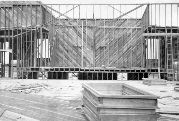 Project #518 District 1: Construction of a one-story brick high school building in Cayce, KY. View, photographed April 8, 1936, shows interior of the auditorium facing the stage