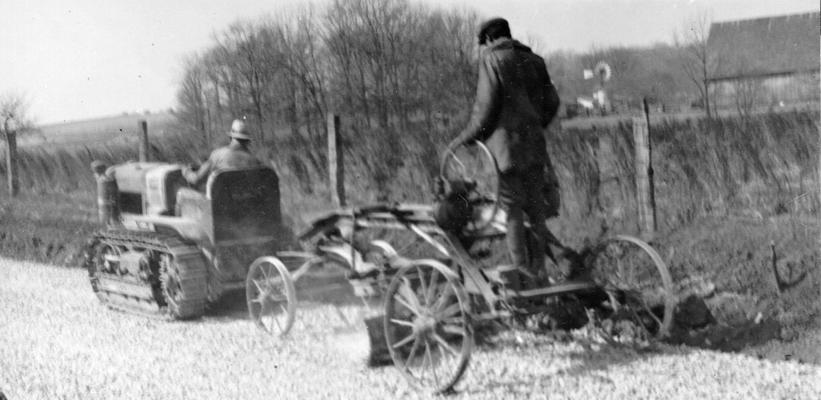 Project #2367 District 2: Road improvement in Larue County. Grading the rock surface of rural road 5.5 miles southwest of Hodgenville and extending 3.2 miles to Maxine, KY. Photographed March 4, 1936