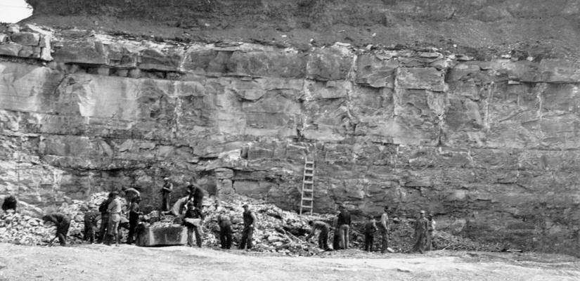 Project #1576 District 2: Quarry supplies stone for construction of streets in Elizabethtown, KY. Reconstruction of streets throughout the City of Elizabethtown was made possible by WPA Project #1576. Rock quarry operated as part of the project. Photographed March 4, 1936