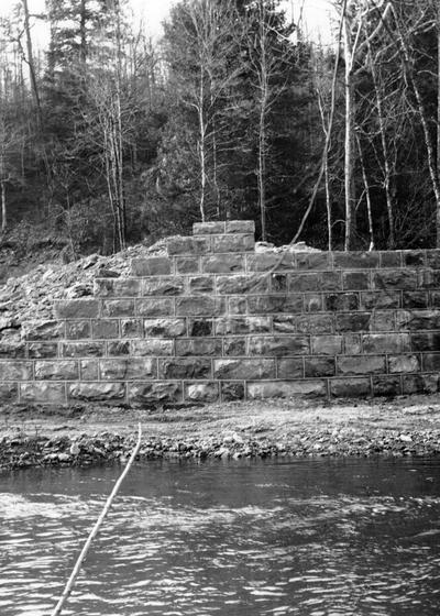 Project #2771 District 4: Bridge abutment for structure over Clear Creek on Harmony-Waterdale Road in Bell County, is shown in photograph taken April 16, 1936. This work is included in WPA Project #2771 which provides for grading, draining and surfacing of 79.3 miles of secondary roads in Bell County
