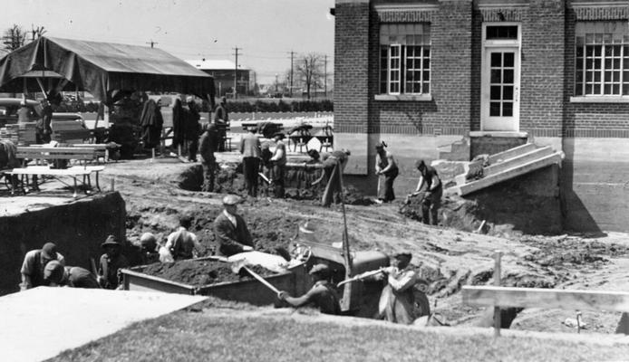 Project #2690 District 6: The Bowman Field Airport Project. View, photographed April 13, 1936, shows excavation work well under way at Bowman Field Airport, Louisville, KY. This project provides for an addition to the airport's administration building