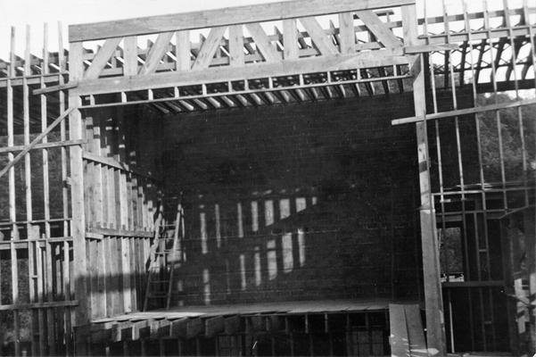 Project #1206 District 2: View of the stage of the new auditorium-gymnasium for Marrowbone High School in Cumberland County. Photograph was taken from interior of the auditorium May 6, 1936