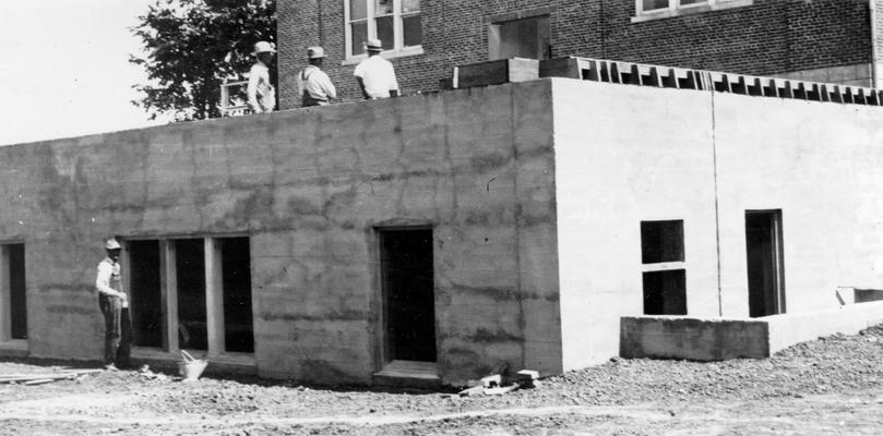 Project #387 District 2: Concrete foundation of the gymnasium-auditorium building for the high and graded school at Edmonton, KY, shown in photograph taken June 2, 1936. This structure will be 84'-8