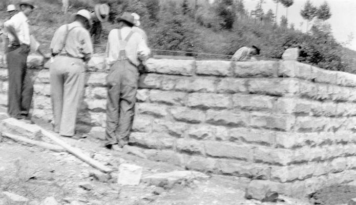 Project #587 District 5: Native stone jail building, Hindman, KY. Construction of a jail building at Hindman, KY. The structure is of native stone and reinforced concrete construction. View, photographed May 2, 1936, shows early stage of the work