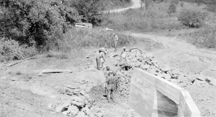 Project #2515, Master Project #2822 District 2: Bishop Ridge Road. Construction of a small bridge on the Bishop Ridge Road in Pendleton County shown in photograph taken July 9, 1936. This road, which serves a large number of farms and homes is being reconstructed under former Project #2515, now a unit of Master Project #2822