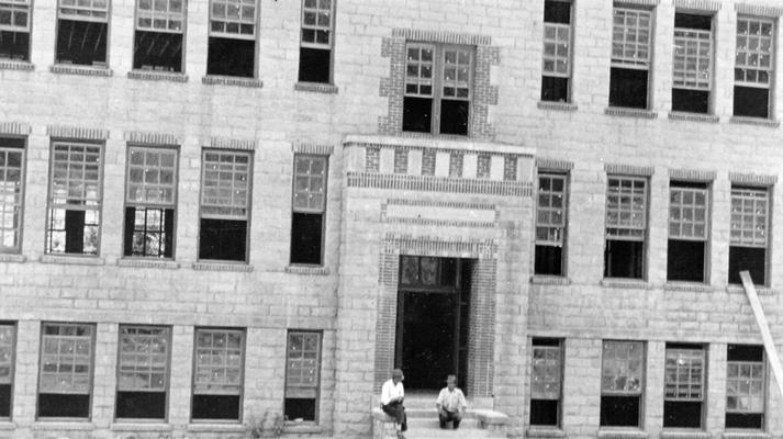 Project #32 District 5: Consolidated School, Sassafras, KY. Construction of a native stone consolidated school building containing 10 classrooms at Sassafras, KY. View, photographed June 30, 1936, shows portion of front elevation of nearly completed building