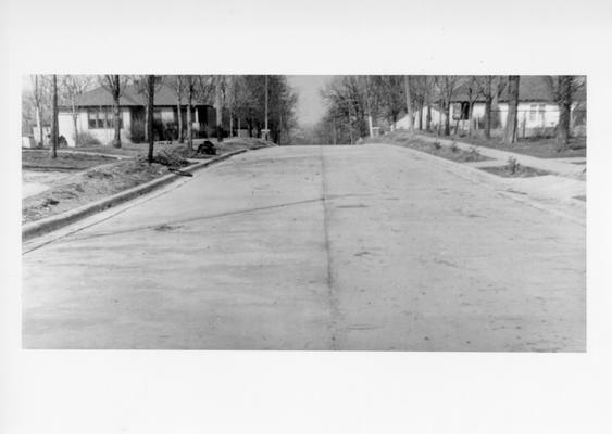 Project #365 District 1: This improvement of Elsey Avenue from Elm Street to the east city limits in the City of Bardwell, KY, was accomplished under Project #365. Other streets, sidewalks and curbs in Bardwell are being built under a new project, #2933. Concrete street completed under Project #365. View taken March 4, 1936