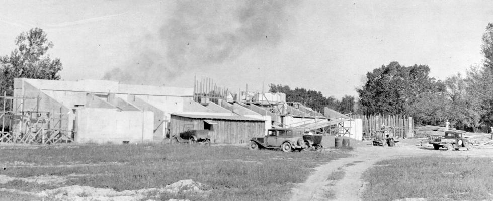 Project #2686 District 1: Under Project #2686, a reinforced concrete stadium is being constructed on the city school property at Madisonville, KY. The stadium is 172 feet long and 42 feet wide. Concrete stadium under construction at Madisonville, KY. View photographed September 14, 1936