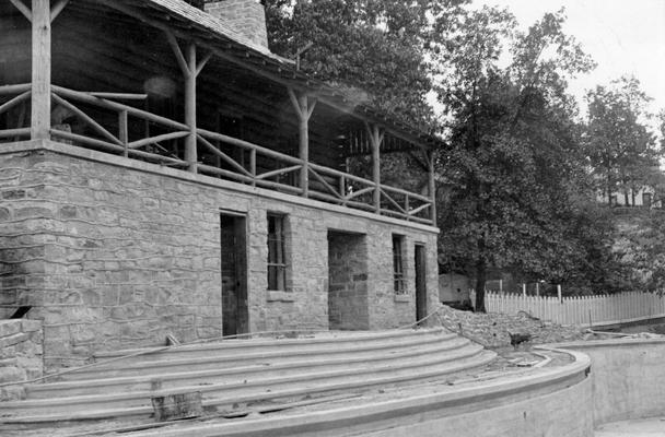 Project #1404 District 2: The community building in the public park at Stearns, KY, showing the structure near completion. Photograph taken September 23, 1936. The community building showing a small portion of the swimming pool. This view faces east