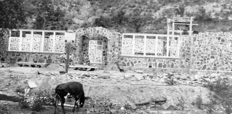 Project #2458 District 4: Project #2458 provides for the construction of an elementary 6-room, native stone school building at Balkan, KY. Front view of the Balkan School Building, showing native stone walls under construction. This photograph was taken July 20, 1936