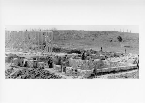 Project #2995 District 6: The construction of a six-room school building with gymnasium and auditorium combined at White Mills, KY. The structure is to be of permanent type, constructed of concrete, stone, steel and brick. View of foundation and frame work of White Mills School, photographed October 29, 1936