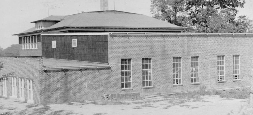 Project #459 District 1: Construction of a brick veneer building containing a gymnasium and two classrooms in Arlington, KY. View of completed gymnasium building photographed September 9, 1936