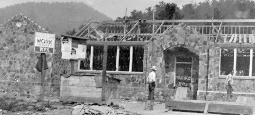 Project #2473 District 4: Native stone school in Bell County. Construction of an elementary six-room native stone school building at Fonde, KY. The Fonde School is a typical example of native stone construction in eastern Kentucky. View photographed September 17, 1936