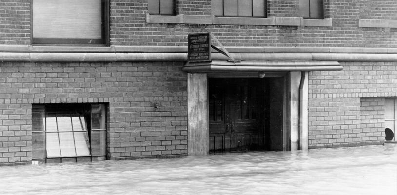 1937 Flood. The front entrance of the State WPA Office at Louisville, KY, on February 4, 1937. During the flood period, a temporary State Office was opened and maintained in the Highlands section of the city, which was not flooded