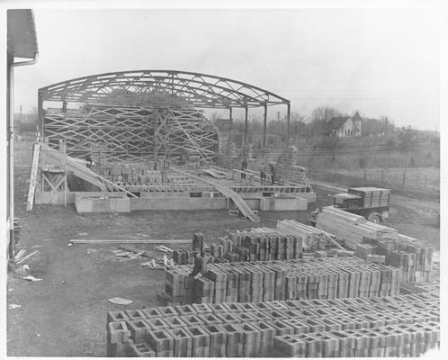 Building under construction; steel girders are being put in place