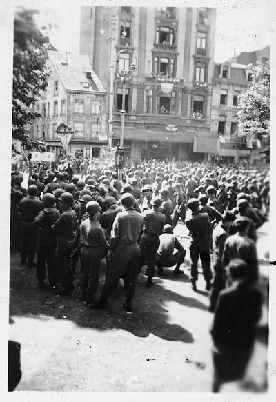 Verviers, Belgium, May, 1945; crowd celebrating