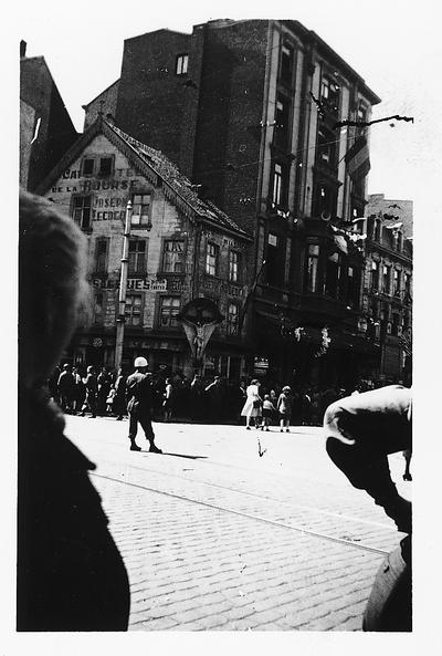Verviers, Belgium, May, 1945; street scene with an American MP