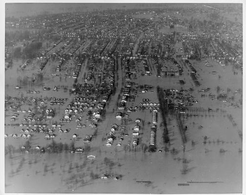 Aerial view of west section of Louisville looking north from Cecil Ave; white arch is entrance to Ky. State Fair Grounds - 1/27/37