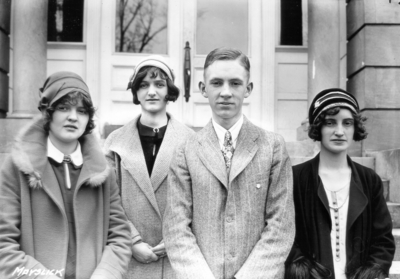 Unidentified high school students from Mays Lick, Kentucky visiting the University, standing in front of Miller Hall