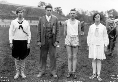 4-H Students from a Kentucky rural school during Rural School Week, left to right:  Aline Hughes, Otis Conley, Howard Minton and Lucy M. Poole, Stoll Field