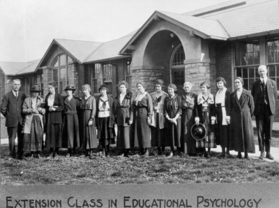 1917 Extension class in Educational Psychology at Danville High School.  left to right:  Danville School Superintendent, Leslie Carroll Bosley;  unidentified individuals; last on right:  University of Kentucky professor of Psychology and Philosophy, John J. Tigert, birth 1882, death 1965, Professor of Education and Philosophy (1914 - 1917), Football coach (1917 - 1921)