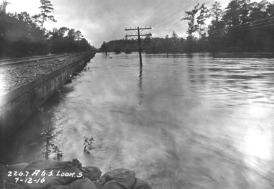 Warrior River flood, telegraph/telephone, Alabama Great Southern, stretch of track looking south