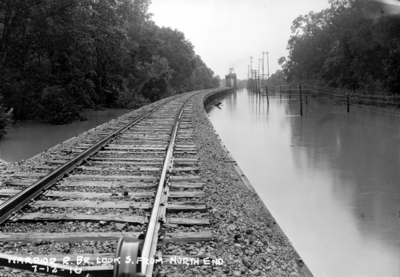 Warrior River flood, telegraph/telephone, Alabama Great Southern, stretch of track looking south