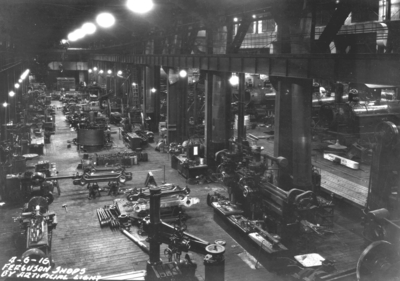 Ferguson shops locomotive manufacturing or repair house, train engines number 653, 667, 602, 612, seen at right