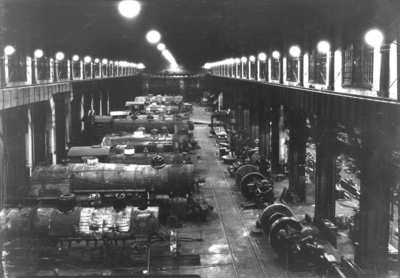 Ferguson shops locomotive manufacturing or repair house, train engines number 720, 672, 723, 521 can be seen