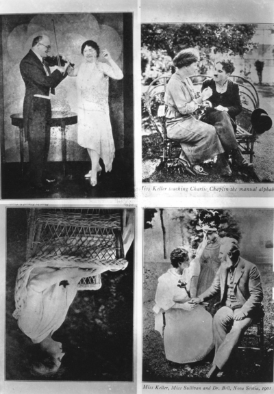 Display of pictures of Helen Keller, including one in which she is teaching Charlie Chaplin the signing, or 