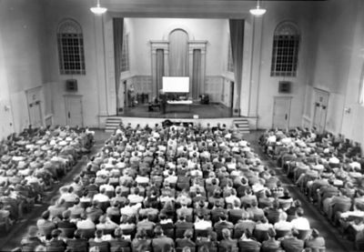 Memorial Hall interior, filled with students