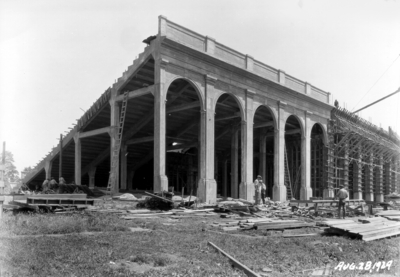 Stadium construction, partly completed arches