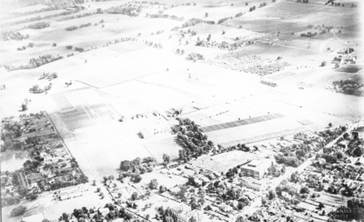 Aerial view of campus and surrounding countryside